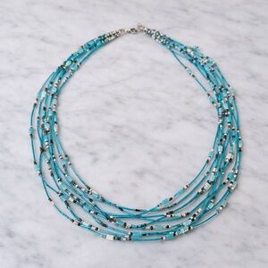 Boho Turquoise Multi-Strand Beaded Necklace | Layered Wire Statement | OS